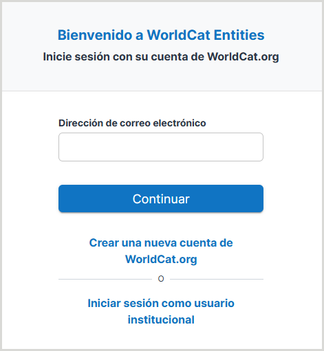 La pantalla de inicio de sesión para un inicio de sesión en WorldCat . Las opciones adicionales en pantalla incluyen la creación de una nueva cuenta de WorldCat o el inicio de sesión como usuario institucional.