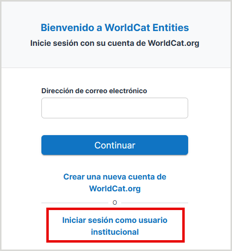 La pantalla de inicio de sesión de WorldShare institucional, con un cuadro de texto para buscar el símbolo de su institución.