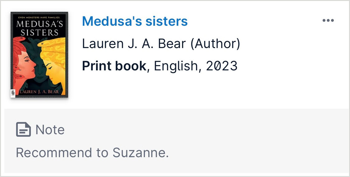 Captura de pantalla de un material de la lista de resultados de WorldCat con una nota agregada