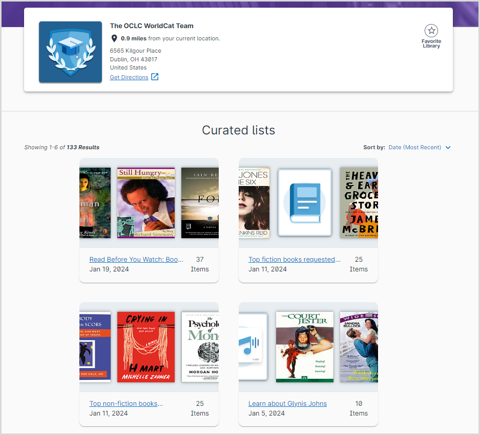 Captura de pantalla de un ejemplo de secci&oacute;n de lista seleccionada en la p&aacute;gina de perfil de una biblioteca en WorldCat.org
