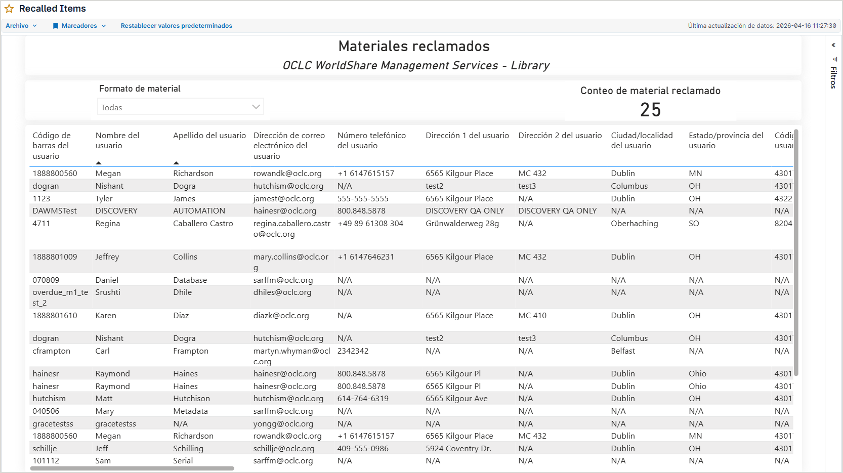 Captura de pantalla del informe Materiales reclamados en los informes de WorldShare en Power BI