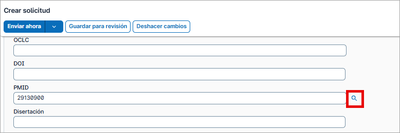 Captura de pantalla de un formulario de solicitud de WorldShare ILL con el campo PMID completado. El bot&oacute;n de la lupa es mencionado en voz alta.