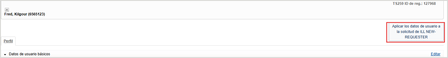 Captura de pantalla de un registro de usuario en Tipasa con el botón Aplicar datos de usuario a la solicitud NUEVA de ILL resaltado