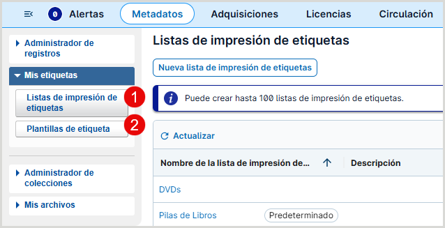 Interfaz de Mis etiquetas