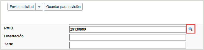 Captura de pantalla de un formulario de solicitud de WorldShare ILL con el campo PMID completado. El botón de la lupa es mencionado en voz alta.