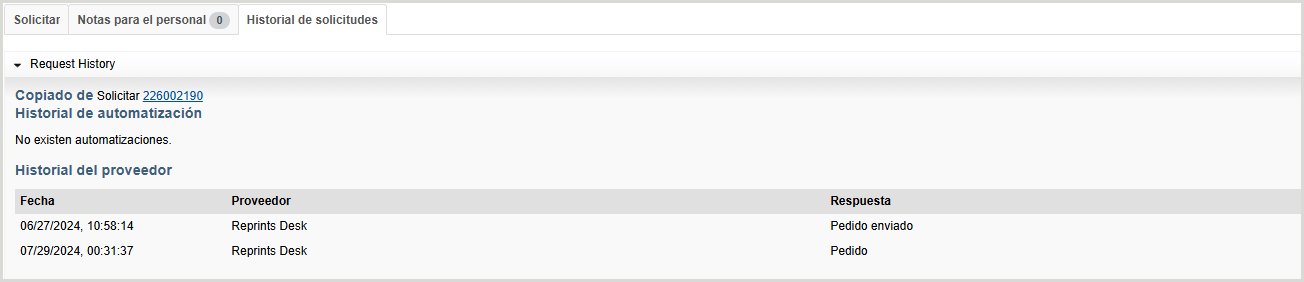 Captura de pantalla de la pantalla Historial de solicitudes en Tipasa
