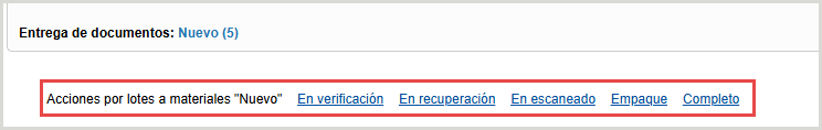 Captura de pantalla de la pantalla de entrega de documentos en Tipasa con los enlaces de las acciones por lotes a materiales "Nuevos" destacados